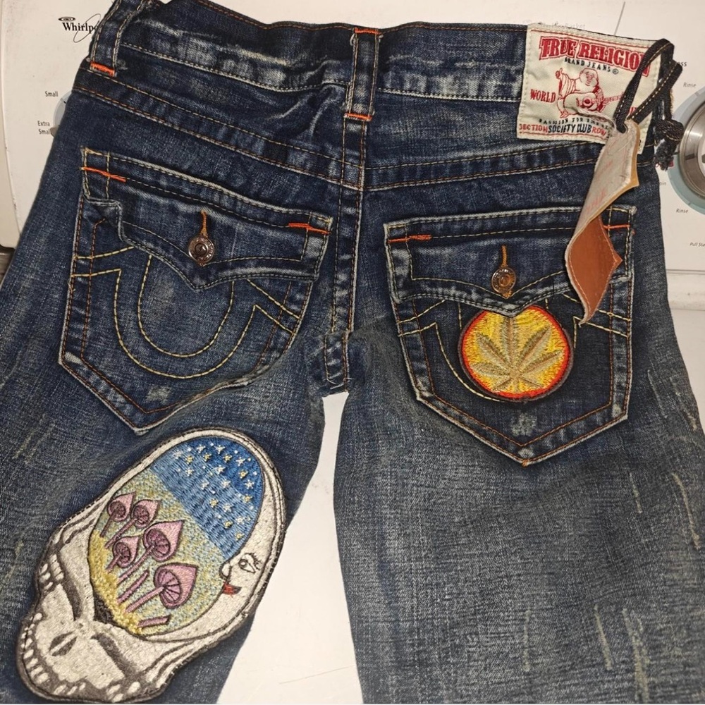 True Religion Dark Wash Jeans with Colorful Embroidery